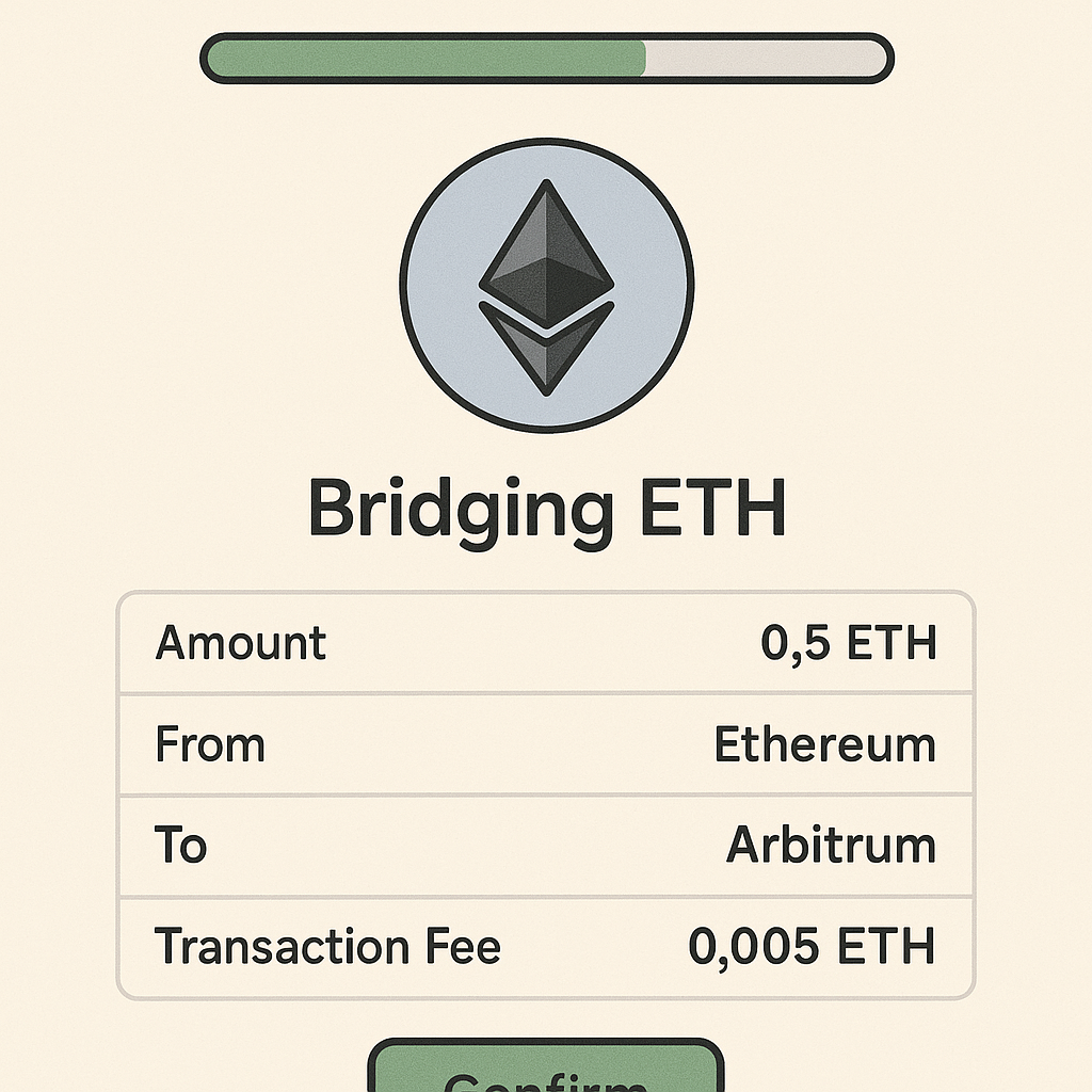 A confirmation screen with transaction details and a progress bar for bridging ETH