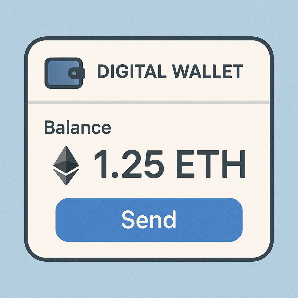 A digital wallet interface showing Ethereum balance, ready for transaction
