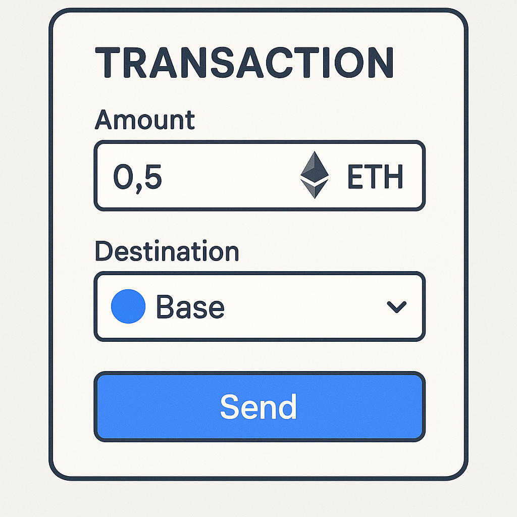 A transaction form showing ETH amount input and Base network as the destination