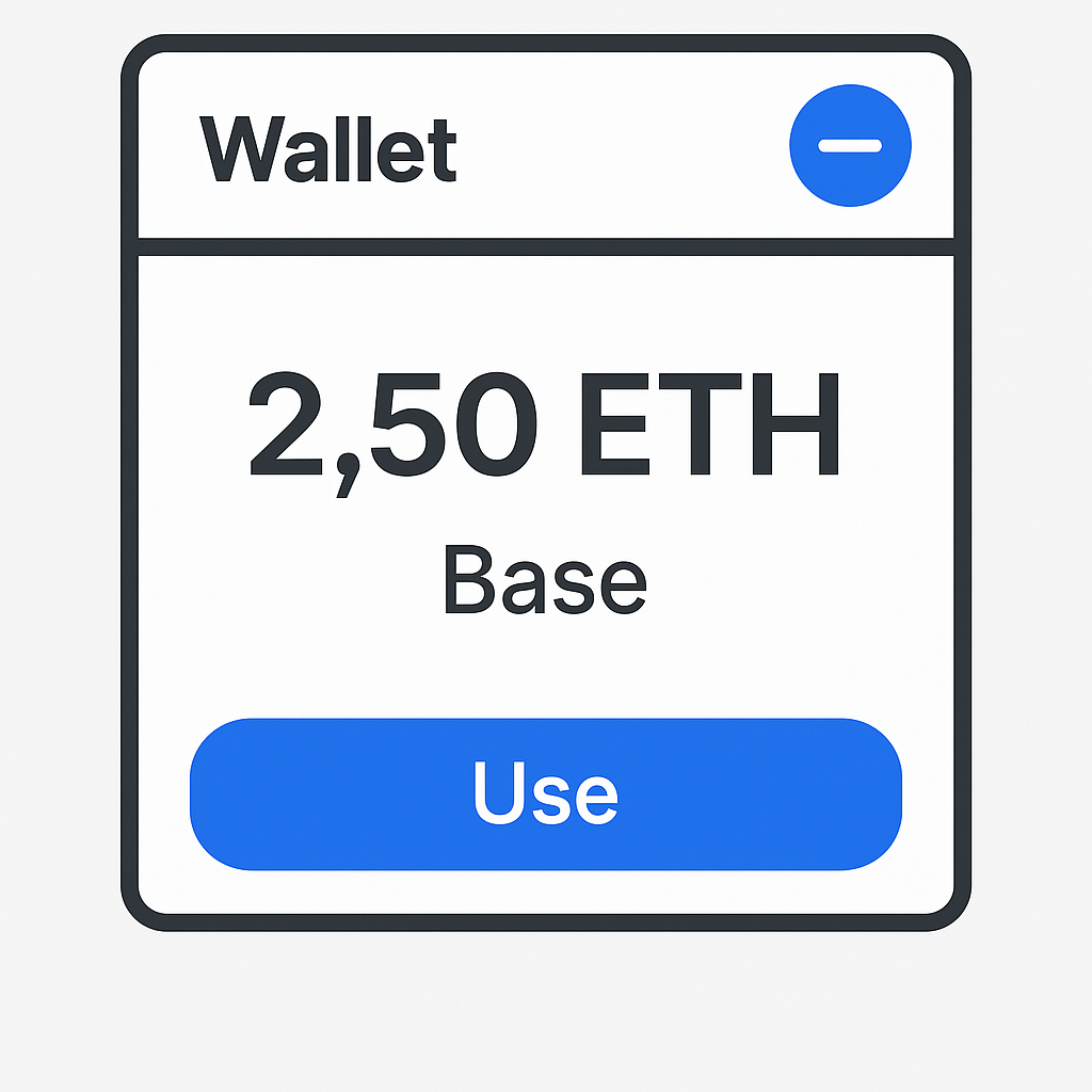 A wallet interface showing ETH balance on the Base network, ready for use