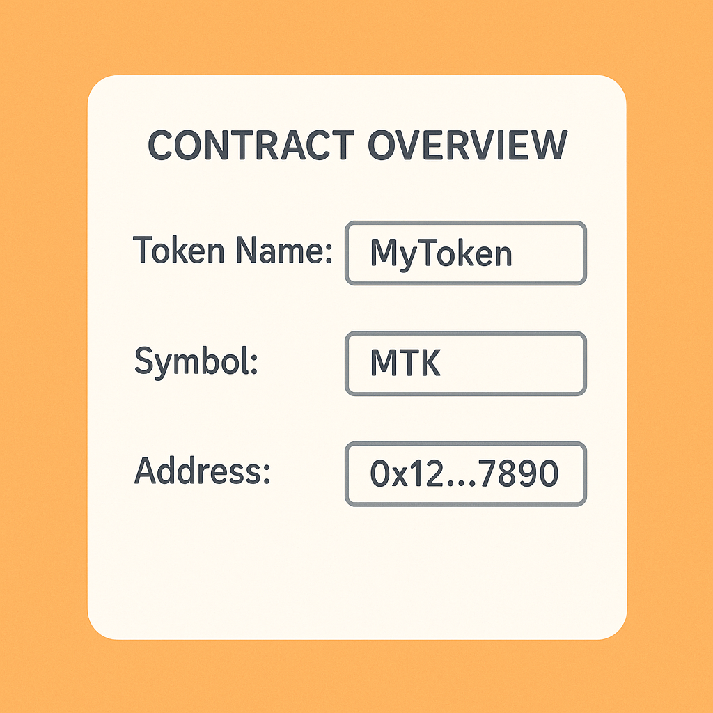 A contract overview page showing token name, symbol, and address details