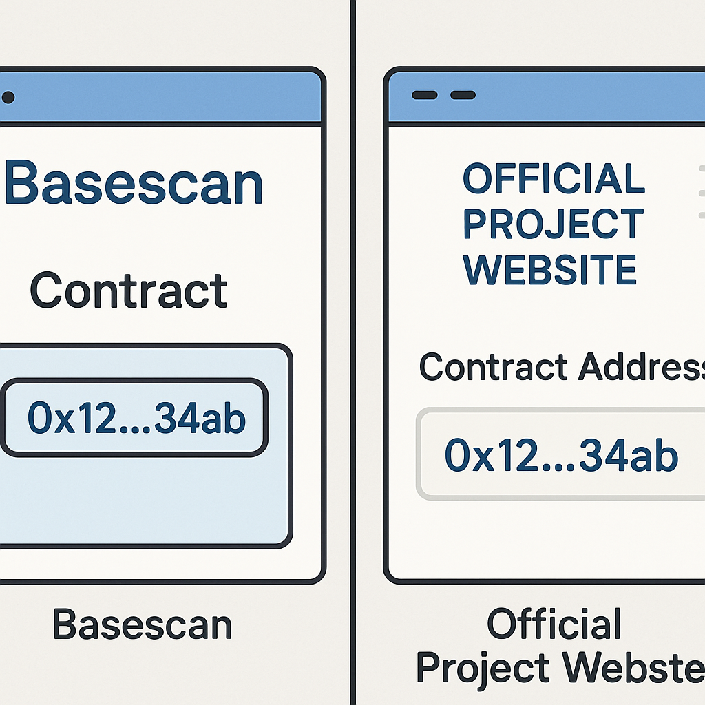 A split screen showing Basescan on one side and an official project website on the other, both highlighting the same contract address