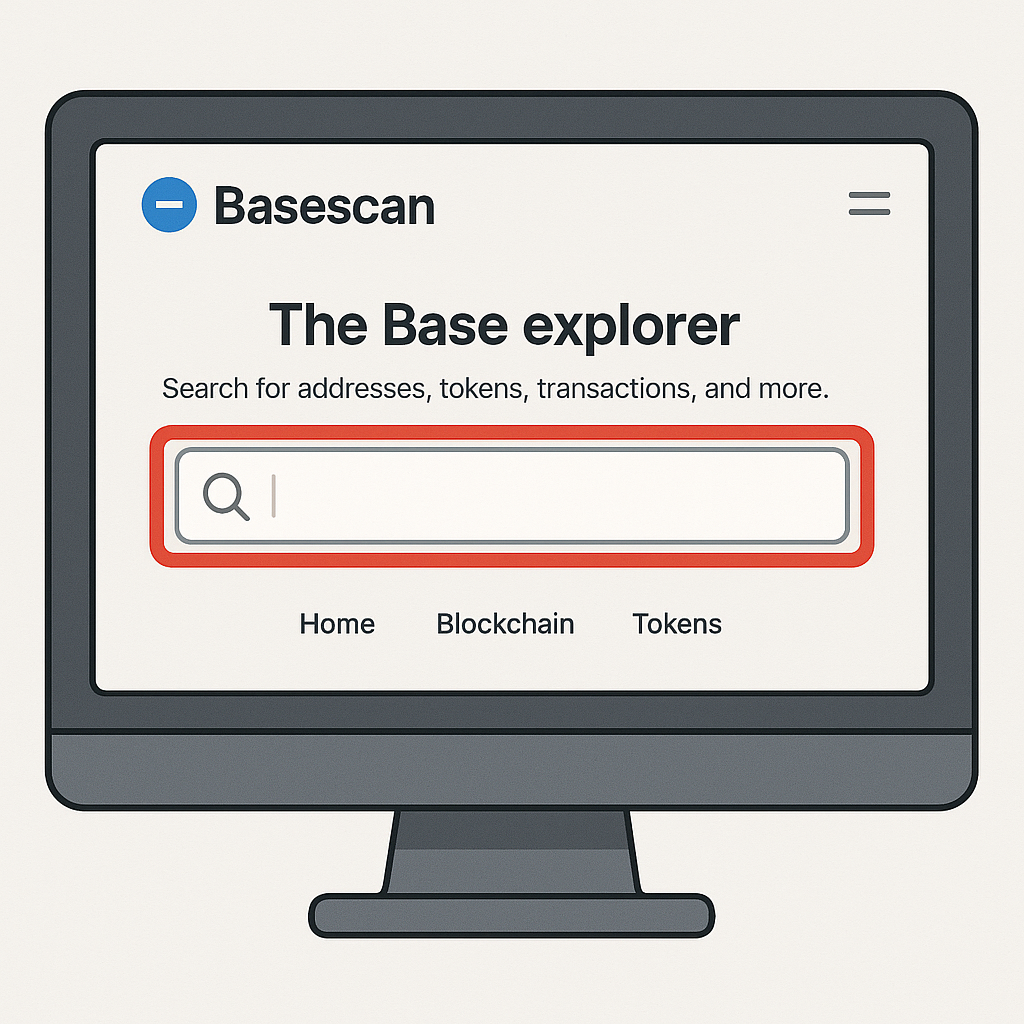A computer screen displaying the Basescan homepage with a search bar highlighted