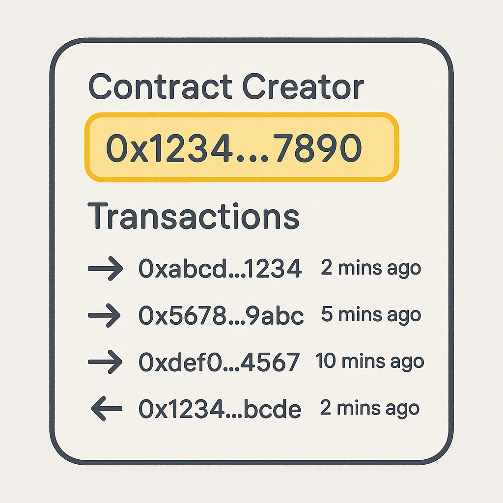 A highlighted section showing the contract creator address and a list of recent transactions