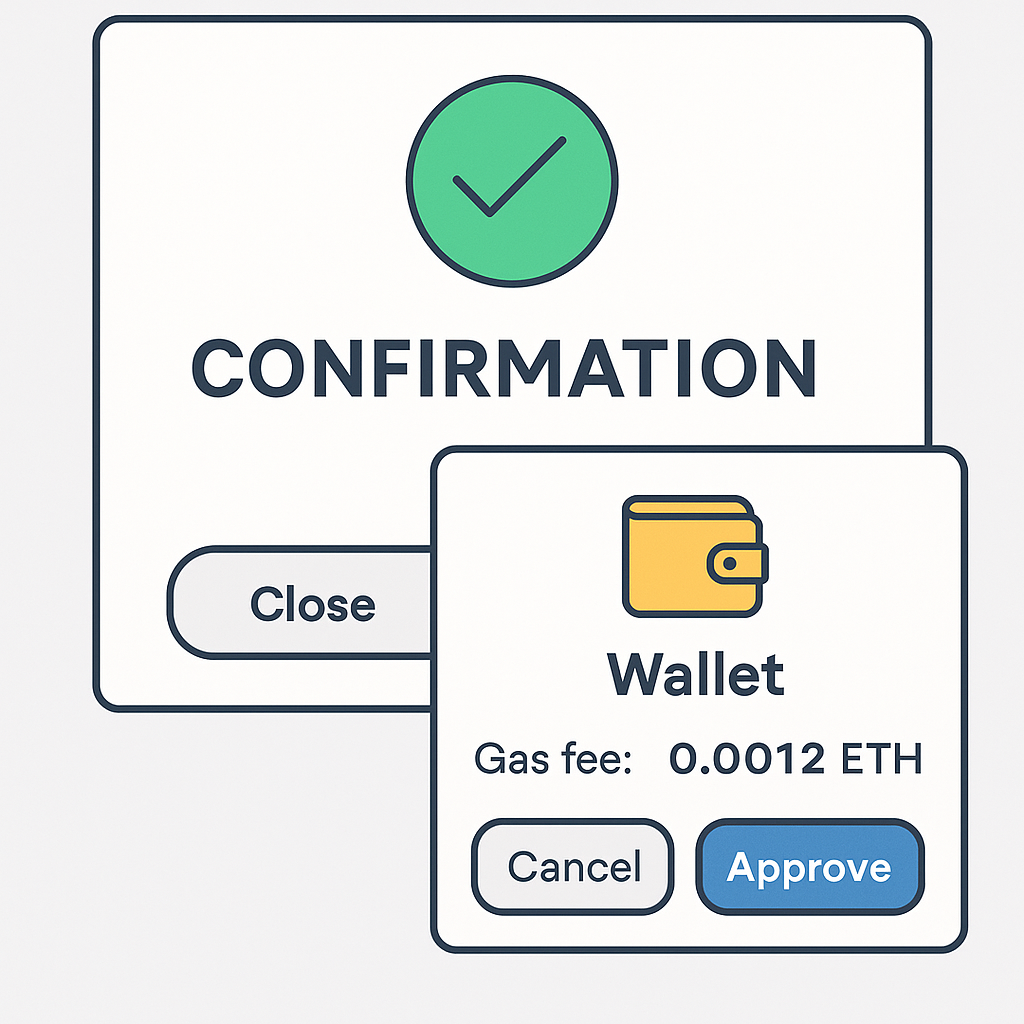 Confirmation screen with a wallet approval pop-up, Ethereum gas fee displayed