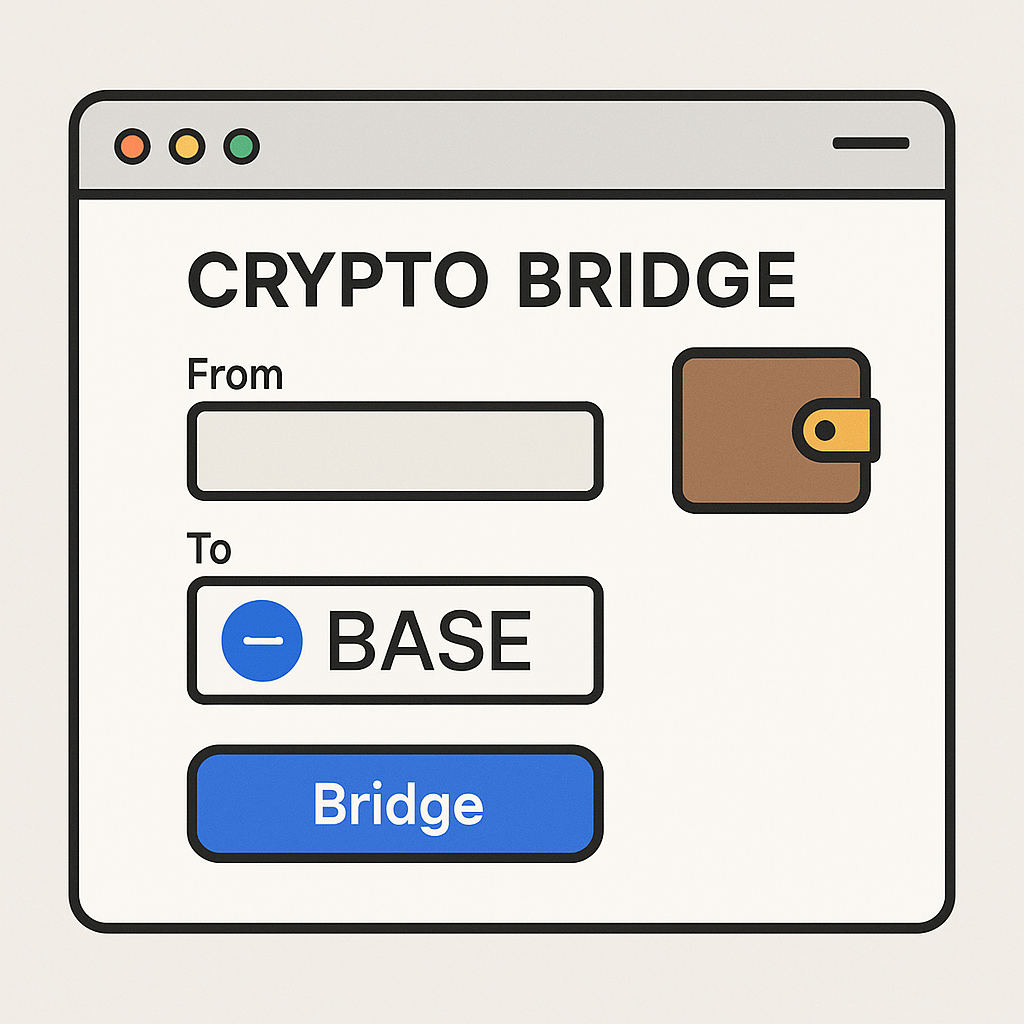 A browser window showing a crypto bridge website, wallet icon connected, Base chain logo visible