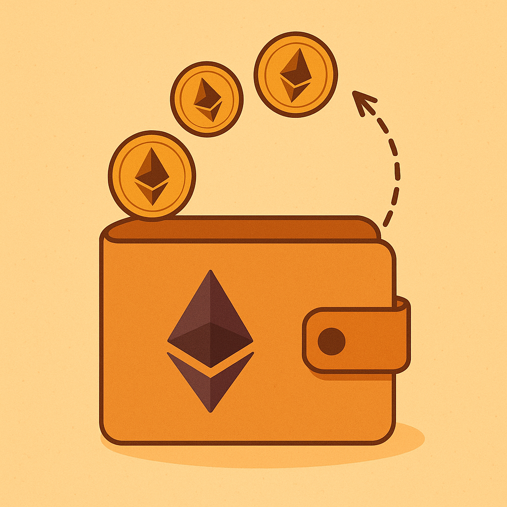 A digital wallet with Ethereum logo and coins, ready for transfer, warm lighting