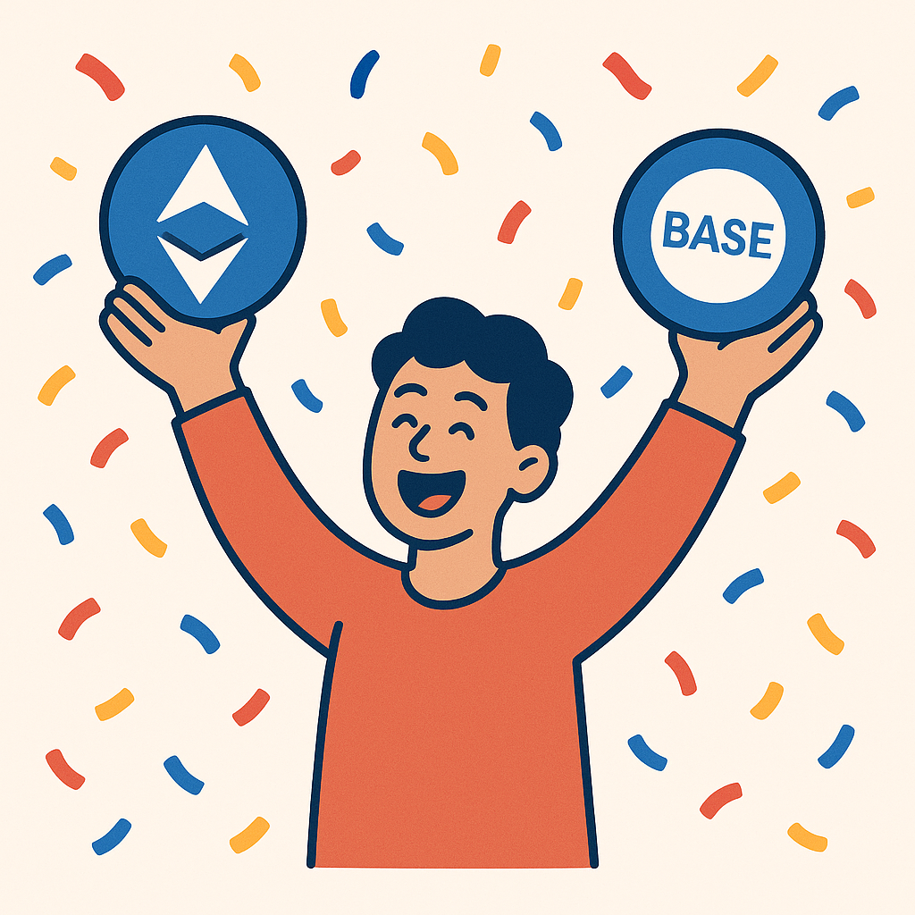 A cheerful person celebrating with ETH and Base tokens, confetti in the air