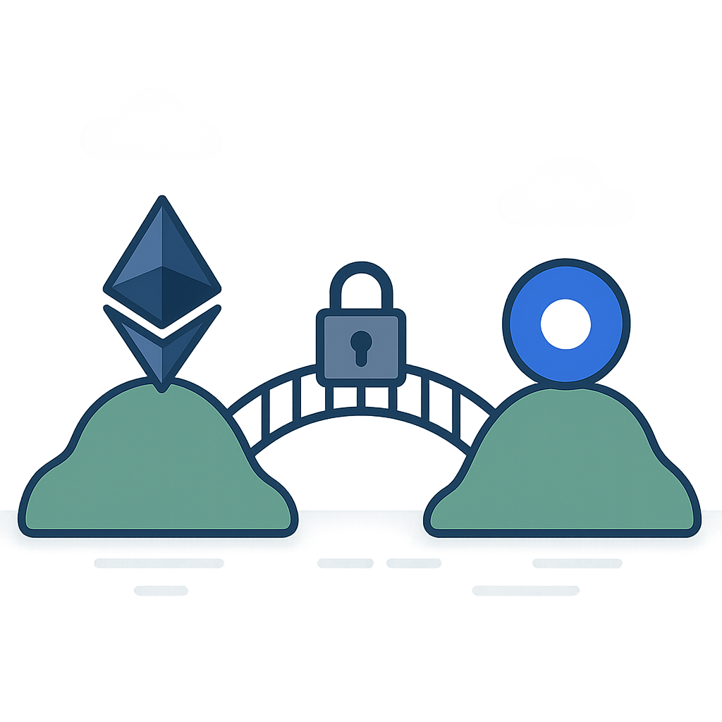A secure digital bridge connecting two blockchain islands, with Ethereum and Base logos