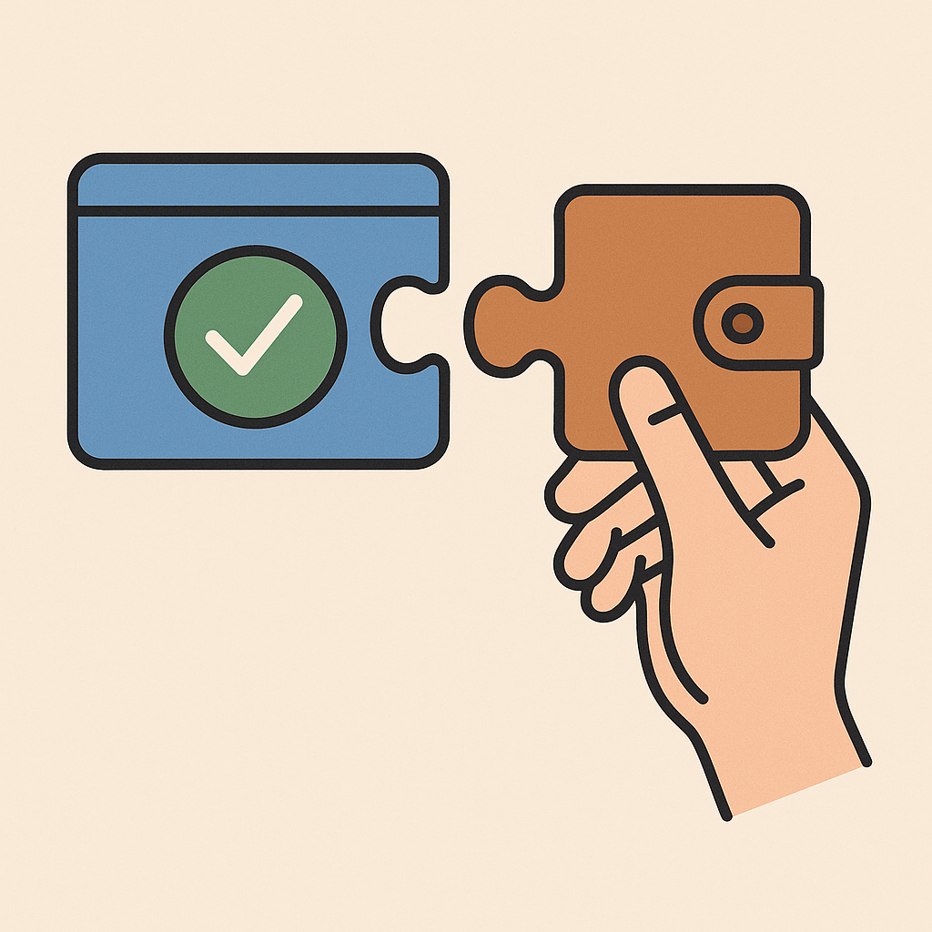 A hand connecting a puzzle piece (wallet) to a digital interface, showing approval checkmark