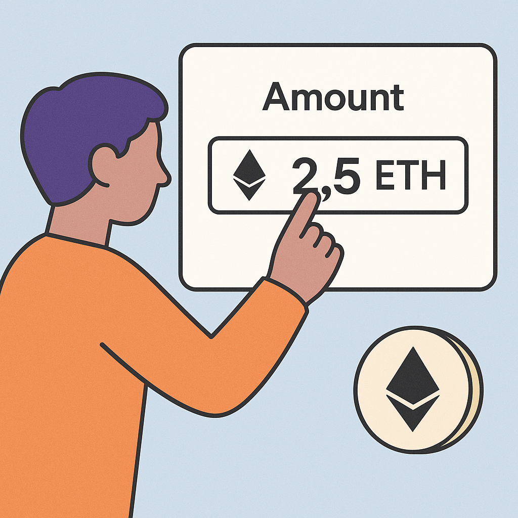 A user entering an ETH amount into a digital form, with a small ETH coin set aside for fees
