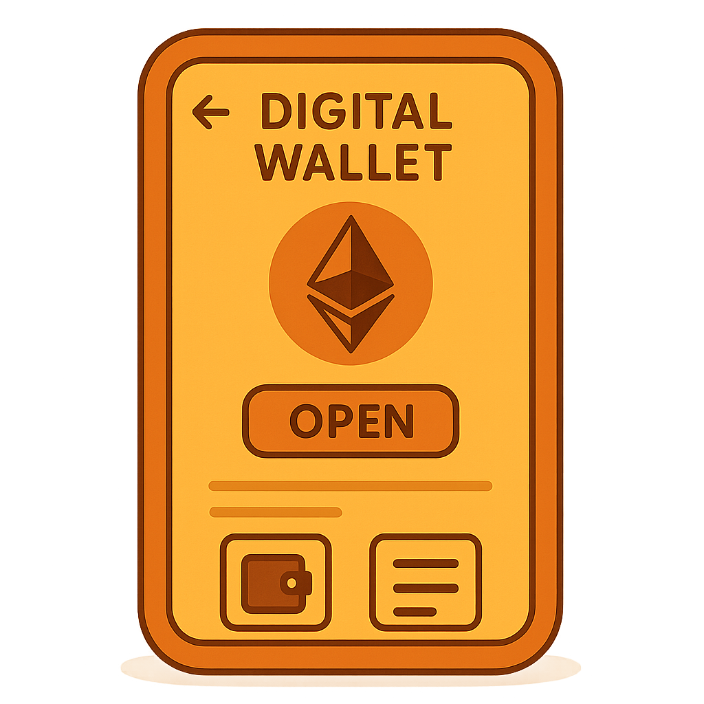 A digital wallet with Ethereum logo, friendly interface, ready for use, warm colors