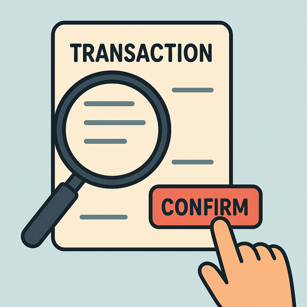 A magnifying glass over transaction details, with a finger pressing a confirm button