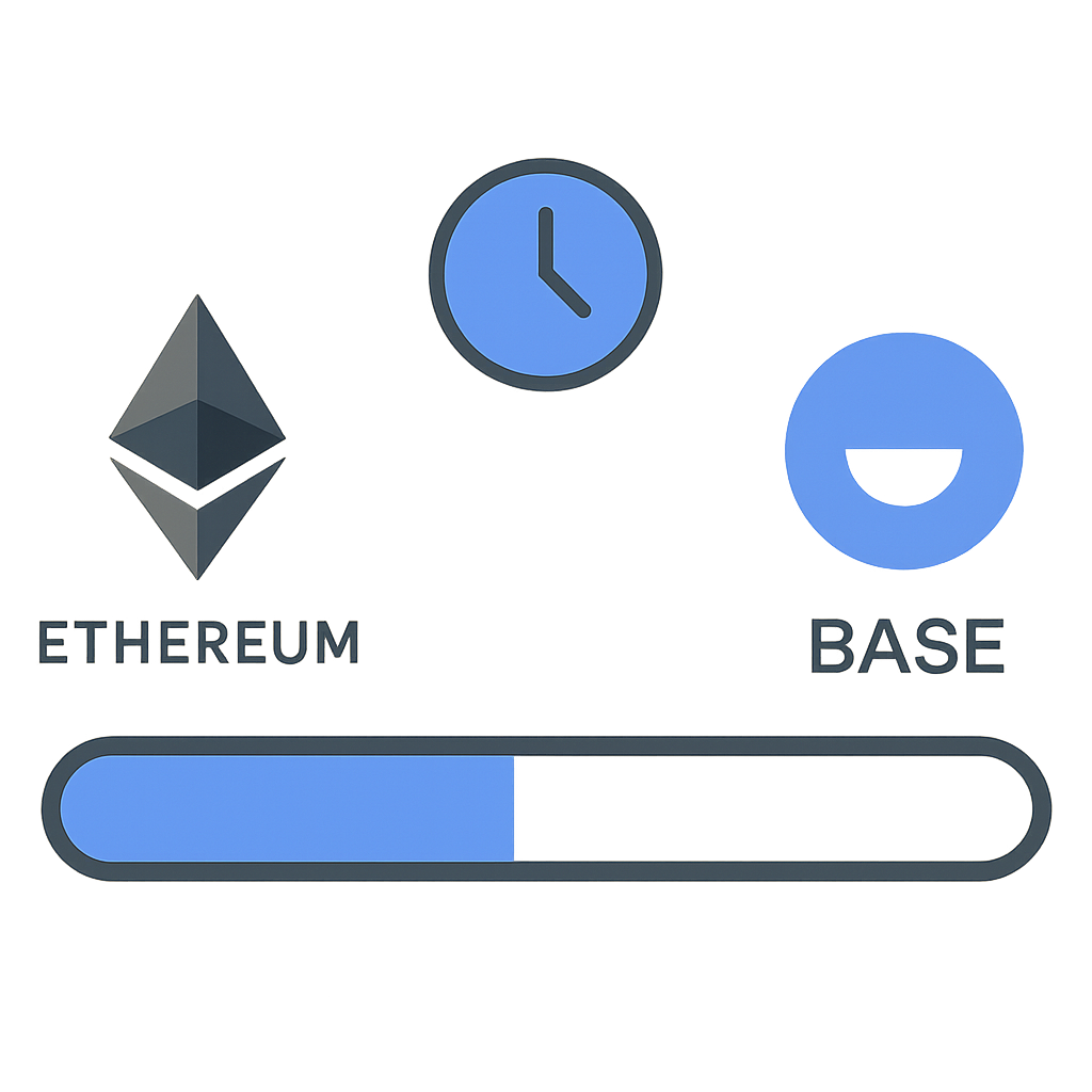 A progress bar filling up between Ethereum and Base logos, with a clock indicating waiting
