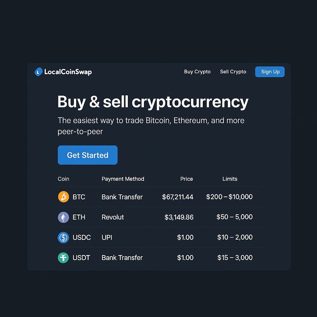 LocalCoinSwap P2P crypto exchange homepage screenshot