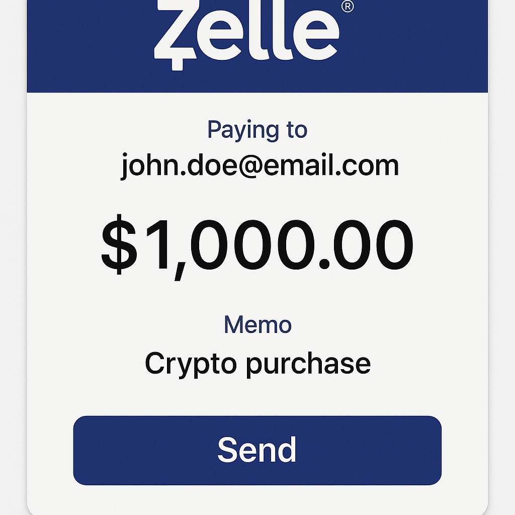 Zelle payment screen for crypto purchase