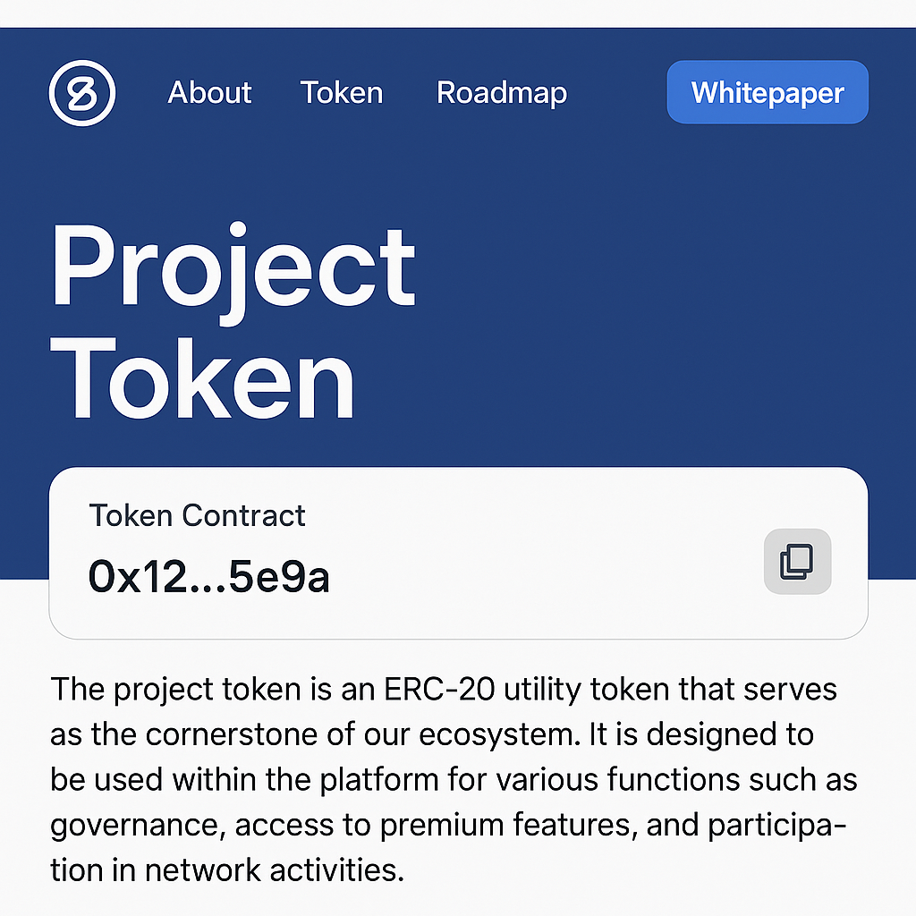 official crypto project website displaying token contract address