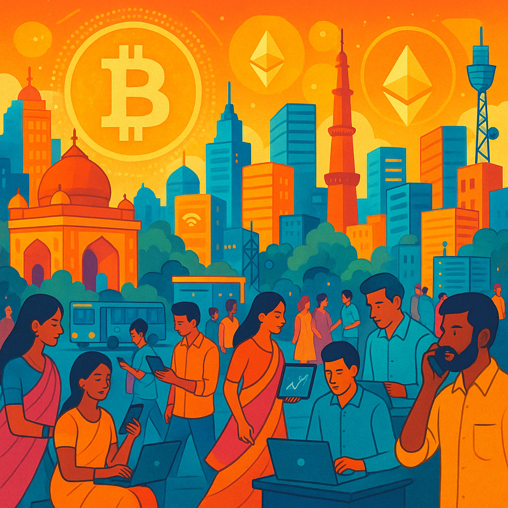 Bustling Indian tech hub with digital currency symbols overlayed, representing crypto market growth in Asia