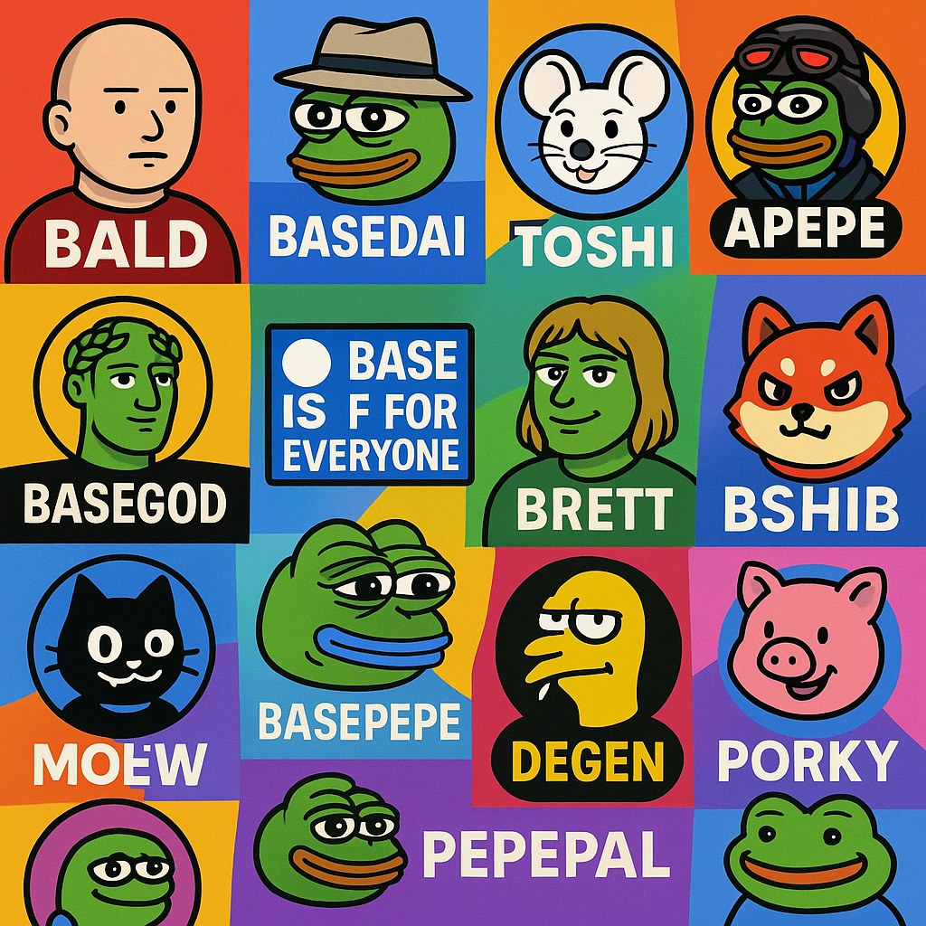 Colorful collage of Base chain memecoin logos and mascots including Bald, BasedAI, Toshi, Aero Pepe, BaseGod, Brett, MOEW, Akuma Inu, Base is for everyone, Base Pepe, Degen, Base Shiba Inu, Porky, PepePal, and BaseFrog