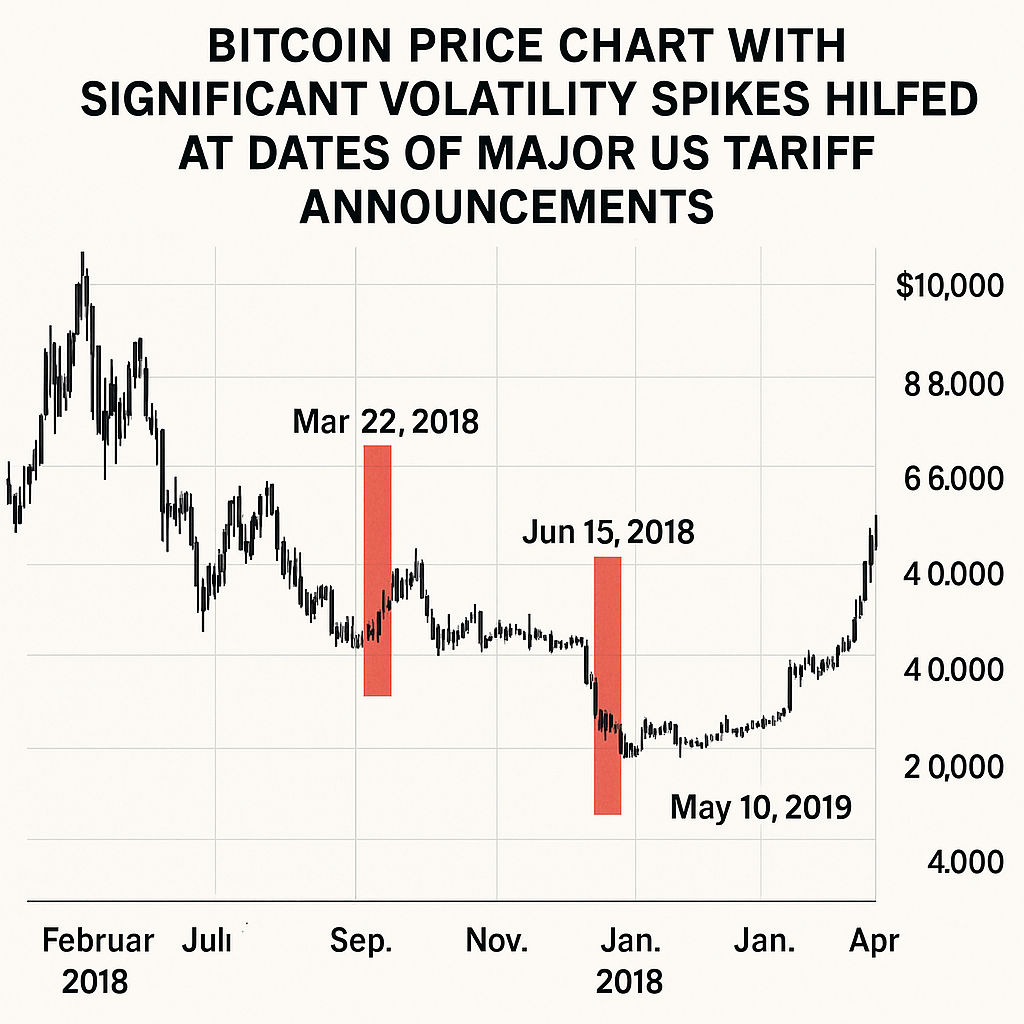 Dramatic chart showing Bitcoin price volatility aligned with major US tariff announcements