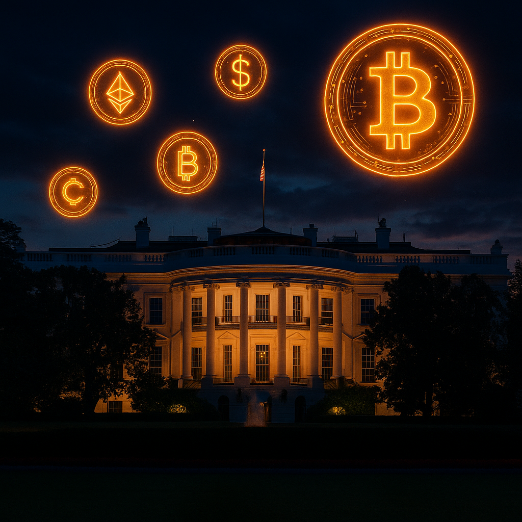 Dramatic White House with digital cryptocurrency icons overlayed