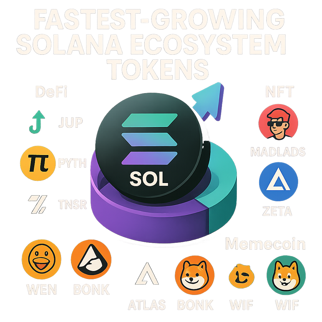 Dynamic infographic featuring top 10 fastest-growing Solana ecosystem tokens in June 2025, including SOL, JUP, PYTH, WEN, TNSR, BONK, ATLAS, MADLADS, ZETA, and WIF, highlighting DeFi, NFT, and memecoin projects.