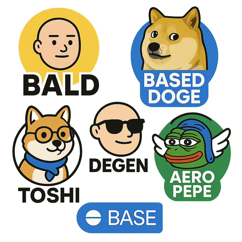 Collage of Bald, Based Doge, Toshi, Degen, and Aero Pepe memecoin logos with Base chain branding