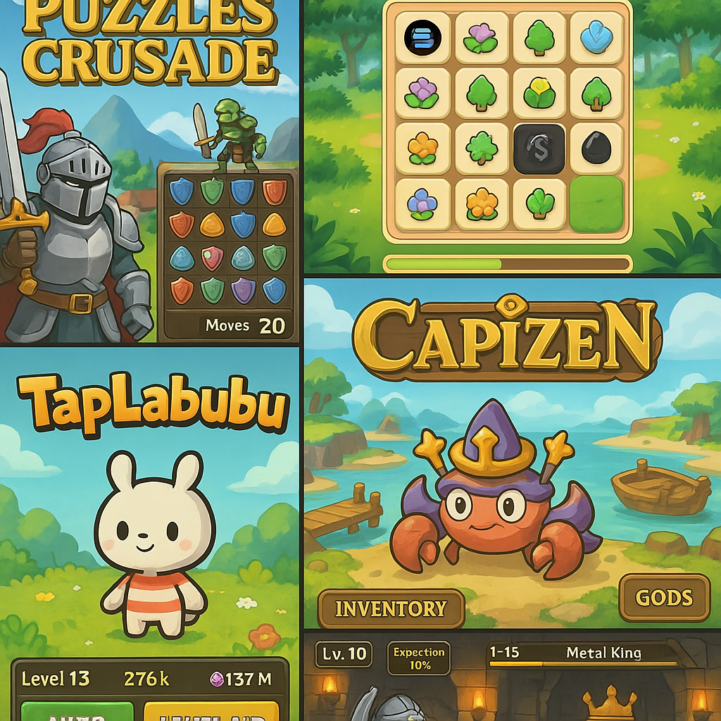 Collage of top 5 Solana puzzle and idle RPG game interfaces for 2025: Puzzles Crusade, TileMatchWithSOL, Capizen, TapLabubu, and DeFi Dungeons, showcasing vibrant play-to-earn and on-chain gameplay visuals.