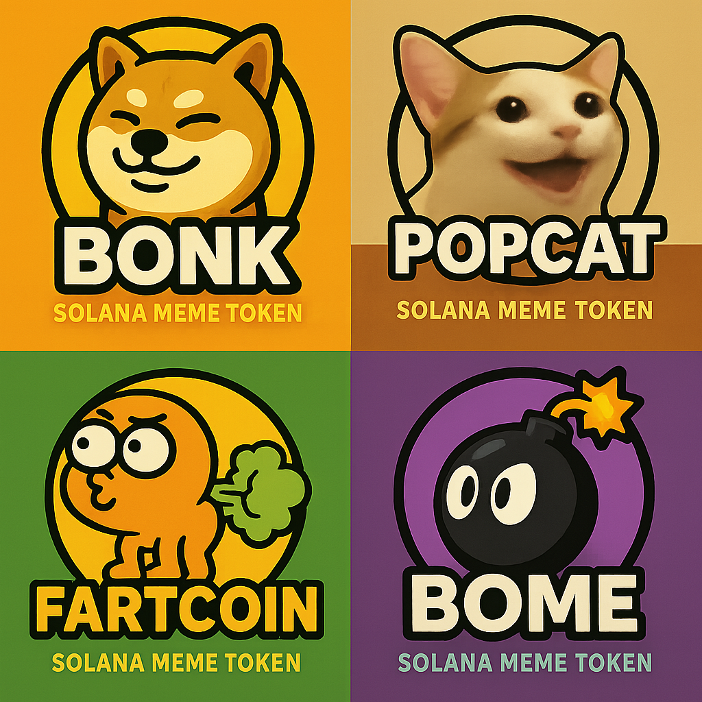 Collage of BONK, WIF, POPCAT, FARTCOIN, and BOME token logos overlaid on the Solana logo, representing trending Solana meme coins in June 2024.