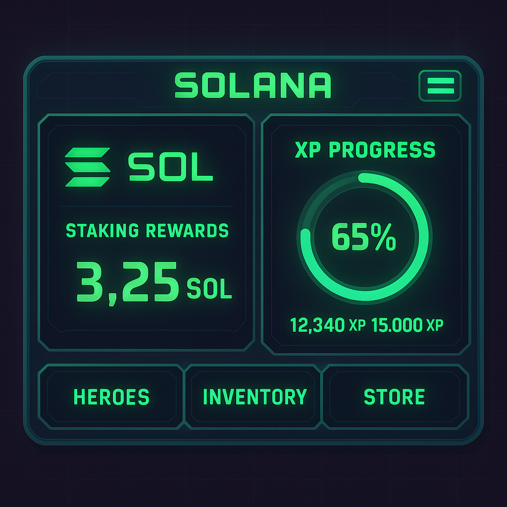 Vibrant Solana gaming dashboard displaying SOL staking rewards and XP progress