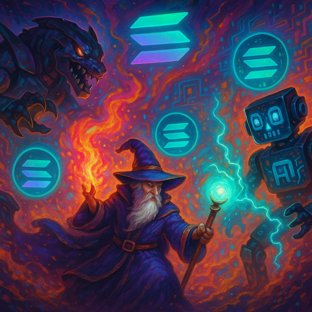 Wizard battling AI monsters in a vibrant fantasy world with Solana blockchain elements