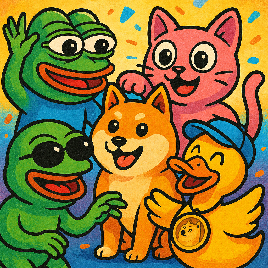 Vibrant illustration of five popular memecoin mascots together in a playful scene