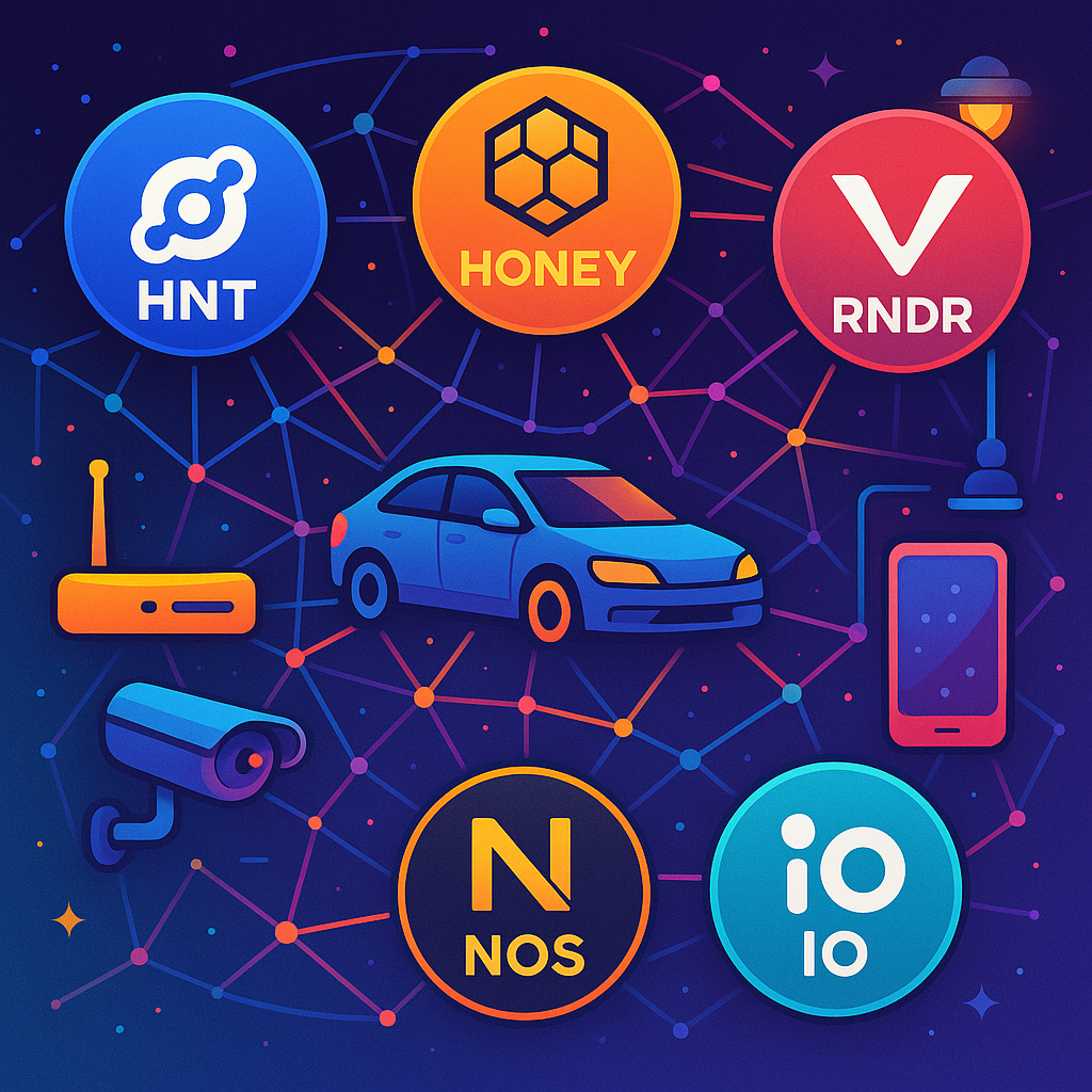 Vibrant illustration of Solana DePIN tokens Helium, Hivemapper, Render, Nosana, and io.net connecting real-world devices in a decentralized network
