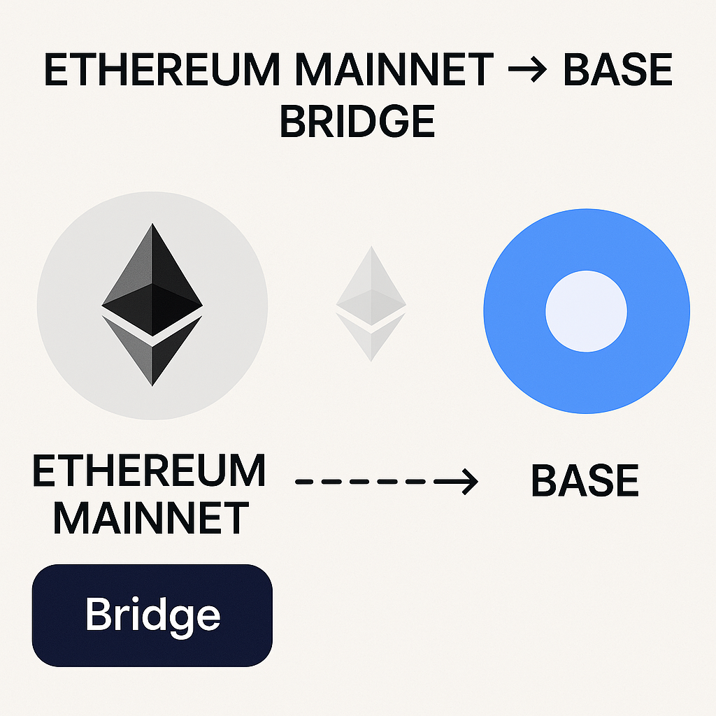 Ethereum mainnet and Base blockchain connected by a digital bridge illustration