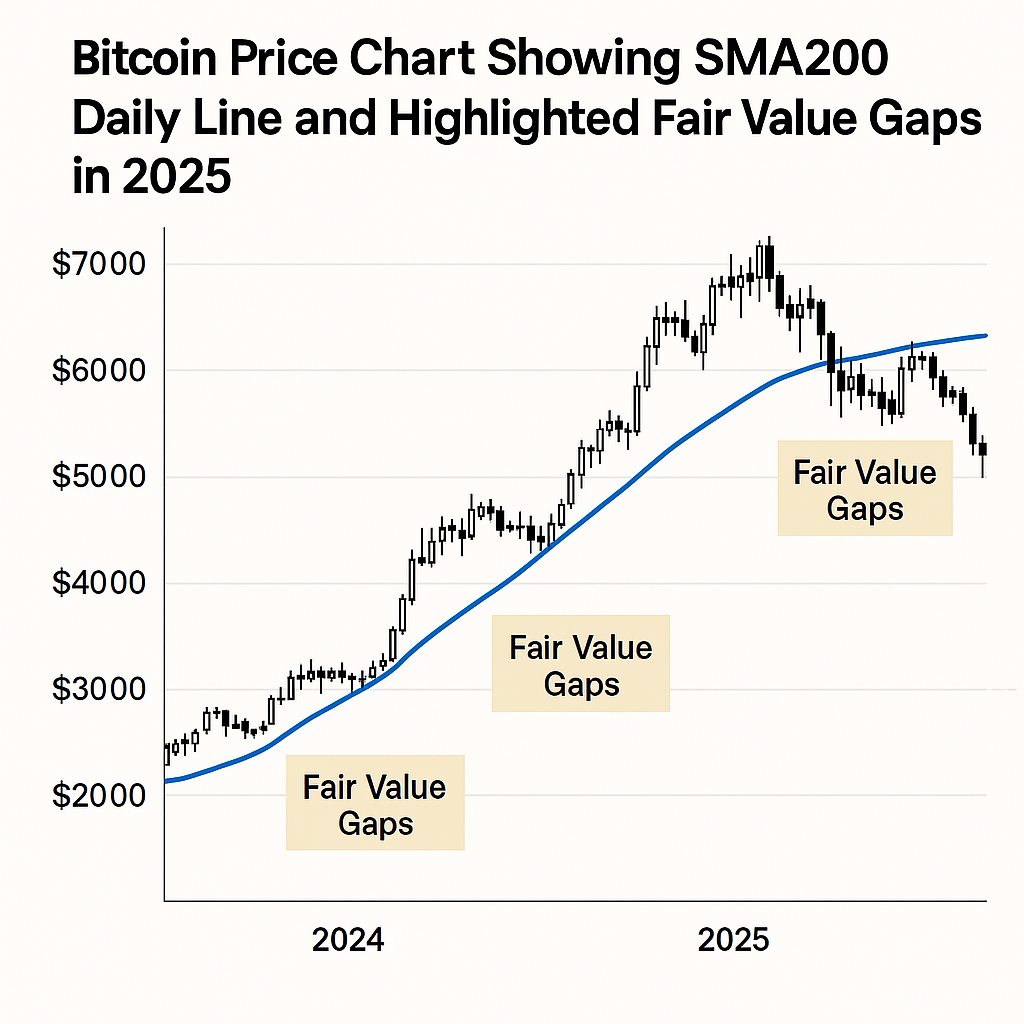 Bitcoin price chart with SMA200 and highlighted Fair Value Gaps for 2025 bull market analysis