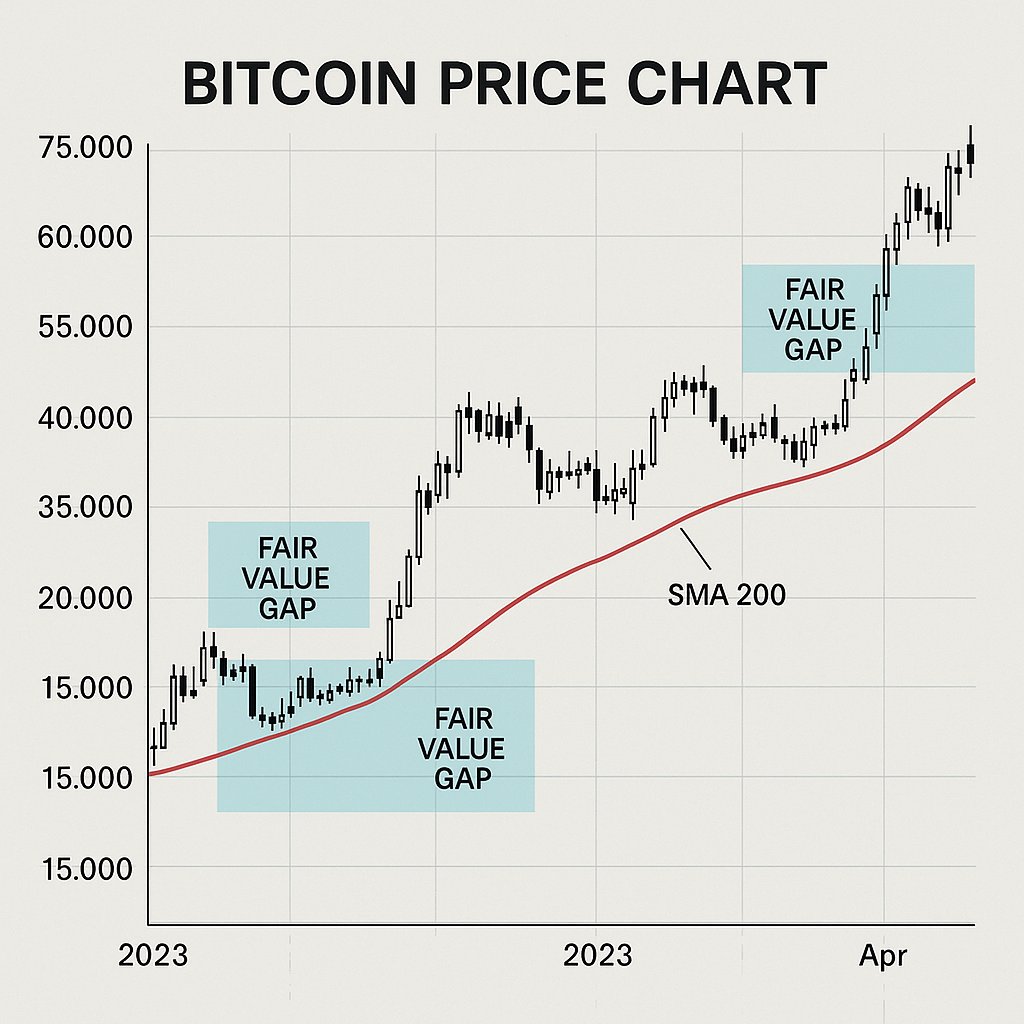 Bitcoin price chart displaying SMA200 daily line and highlighted Fair Value Gap zones for technical analysis in 2025 bull market