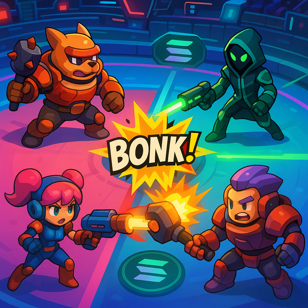 BONK! Arena gameplay featuring vibrant avatars battling in a futuristic Solana PVP arena, showcasing real-time crypto duels