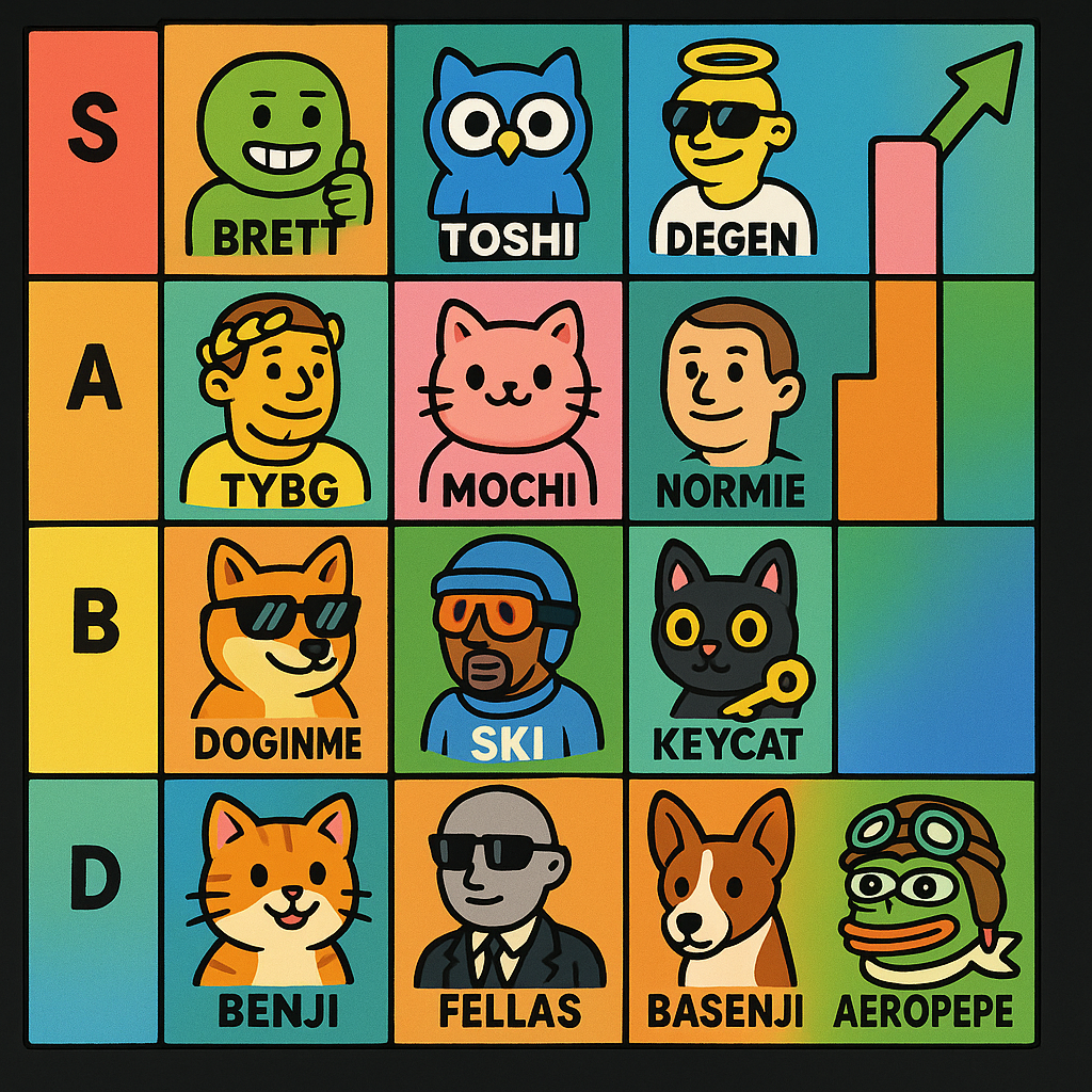 Tier list illustration of top 15 Base chain meme coins for 2024-2025, including Brett, Toshi, Degen, Base God, Mochi, Doginme, Coinye West, Normie, MIGGLES, Ski, Keycat, Benji, Based Fellas, Basenji, and Aero Pepe, visually representing their growth potential.