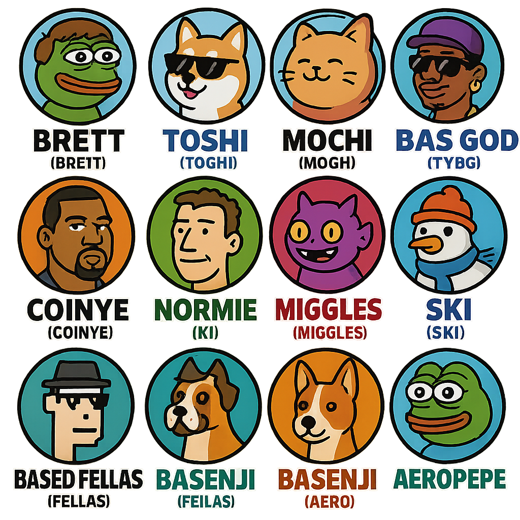 Collage of top Base chain meme coin logos including Brett, Toshi, Degen, Base God, Mochi, Doginme, Coinye West, Normie, MIGGLES, Ski, Keycat, Benji, Based Fellas, Basenji, and Aero Pepe
