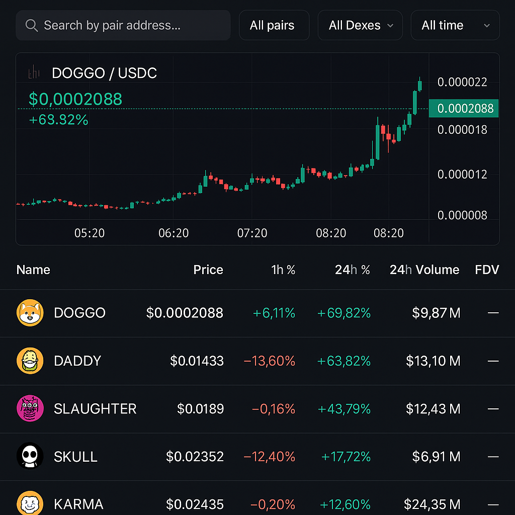 DEX Screener Solana Meme Coin Tracker interface