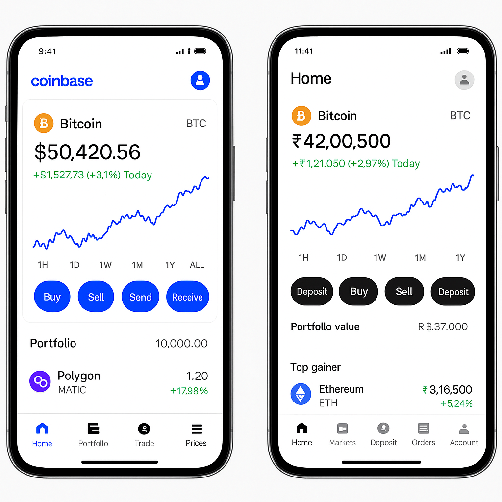 Coinbase app interface vs Indian crypto exchange UI