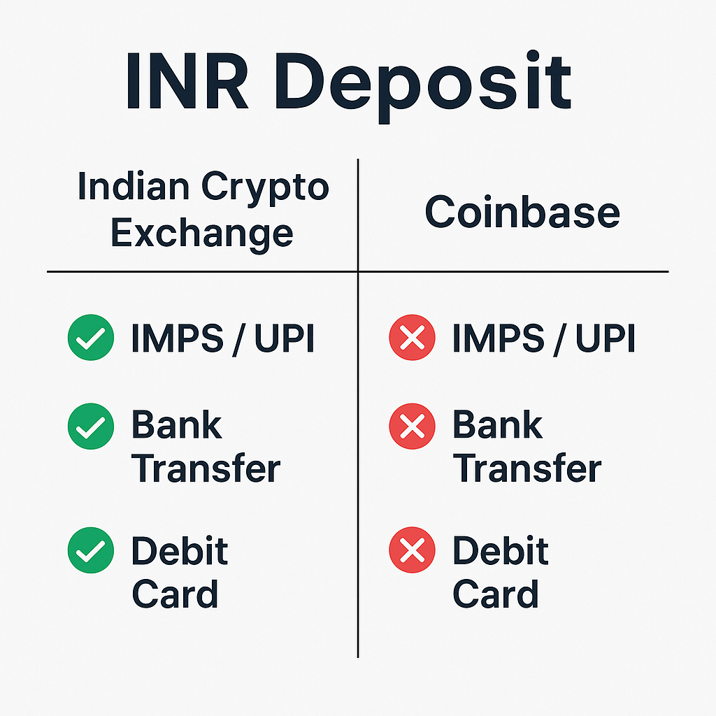 INR deposit Indian crypto exchange vs Coinbase
