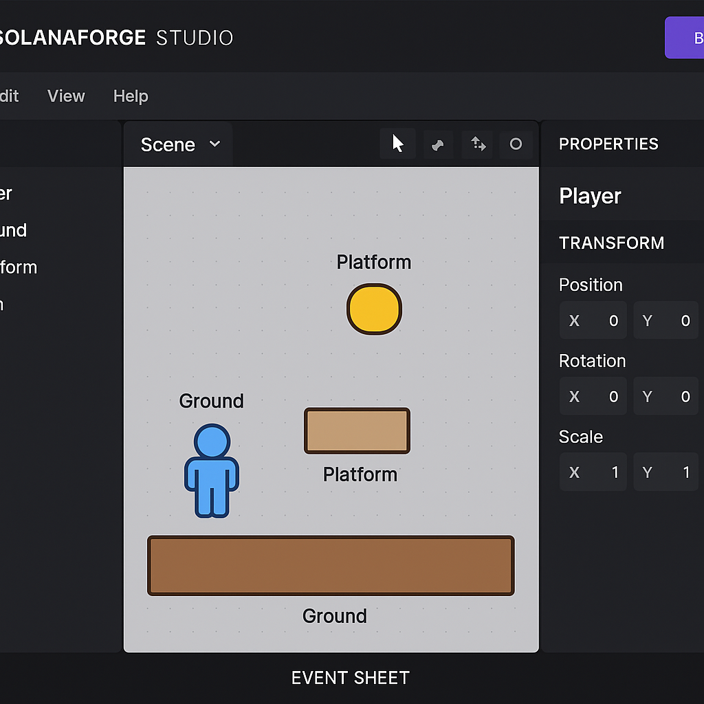 SolanaForge Studio no-code game builder interface screenshot