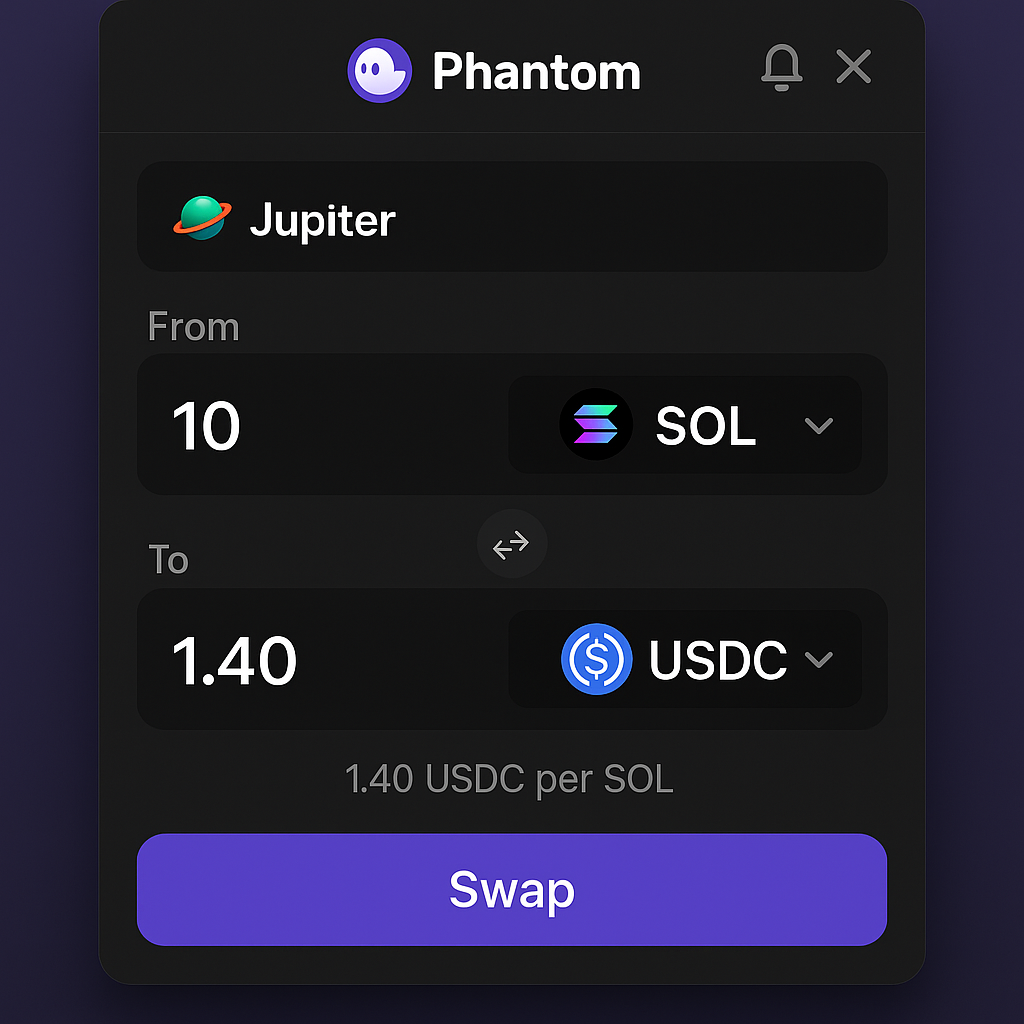 Phantom wallet interface with Jupiter swap aggregator