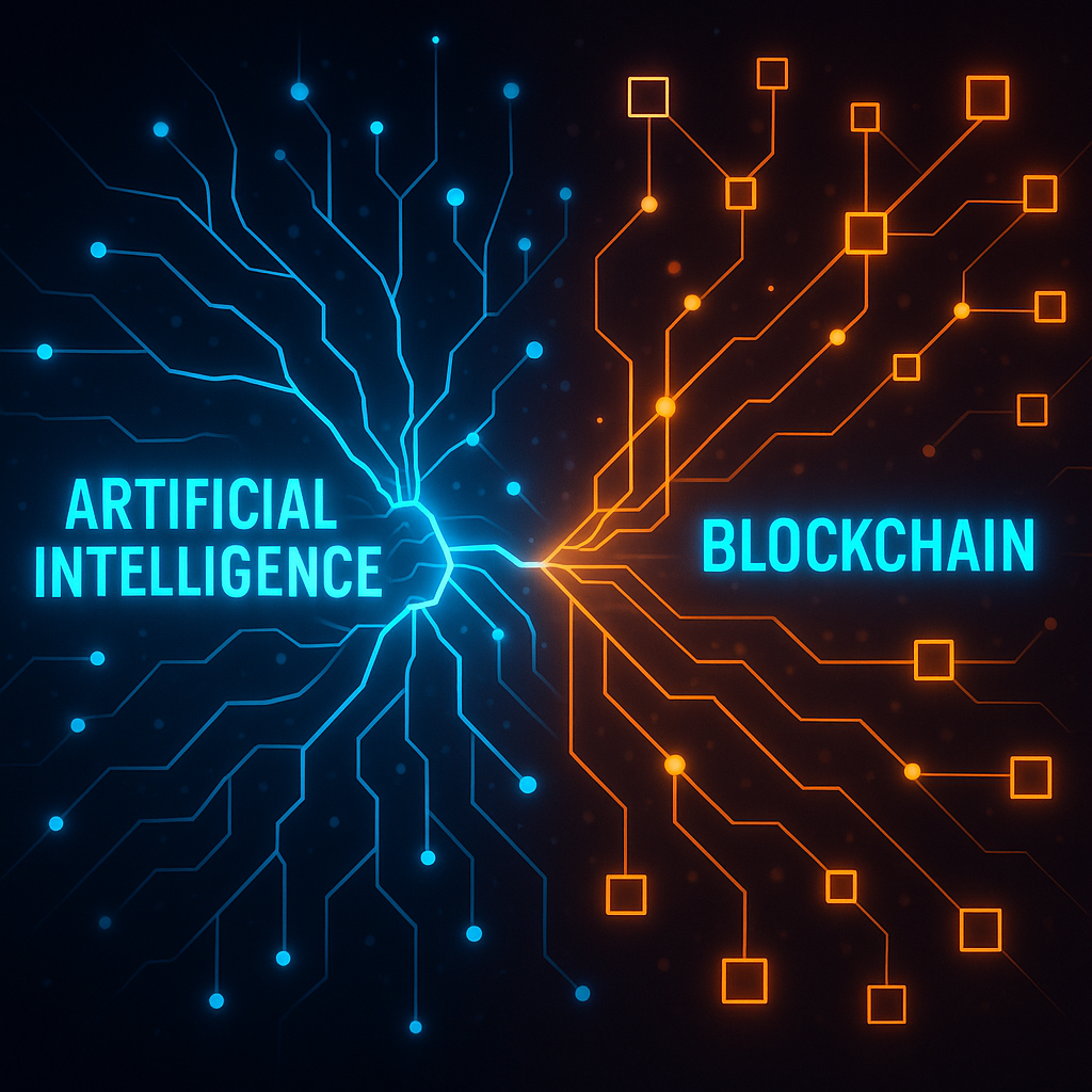 Futuristic illustration showing the convergence of artificial intelligence and blockchain networks