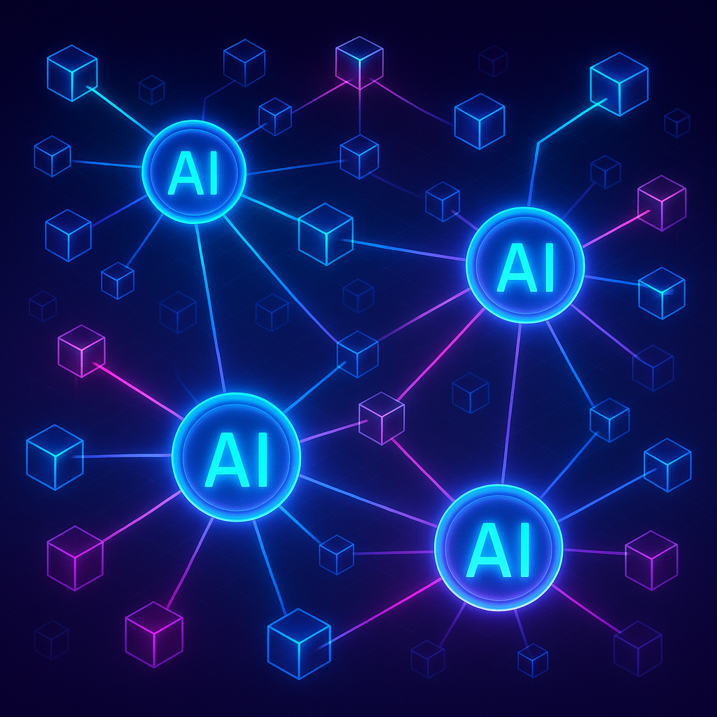 Futuristic illustration of decentralized AI agents interacting with blockchain networks