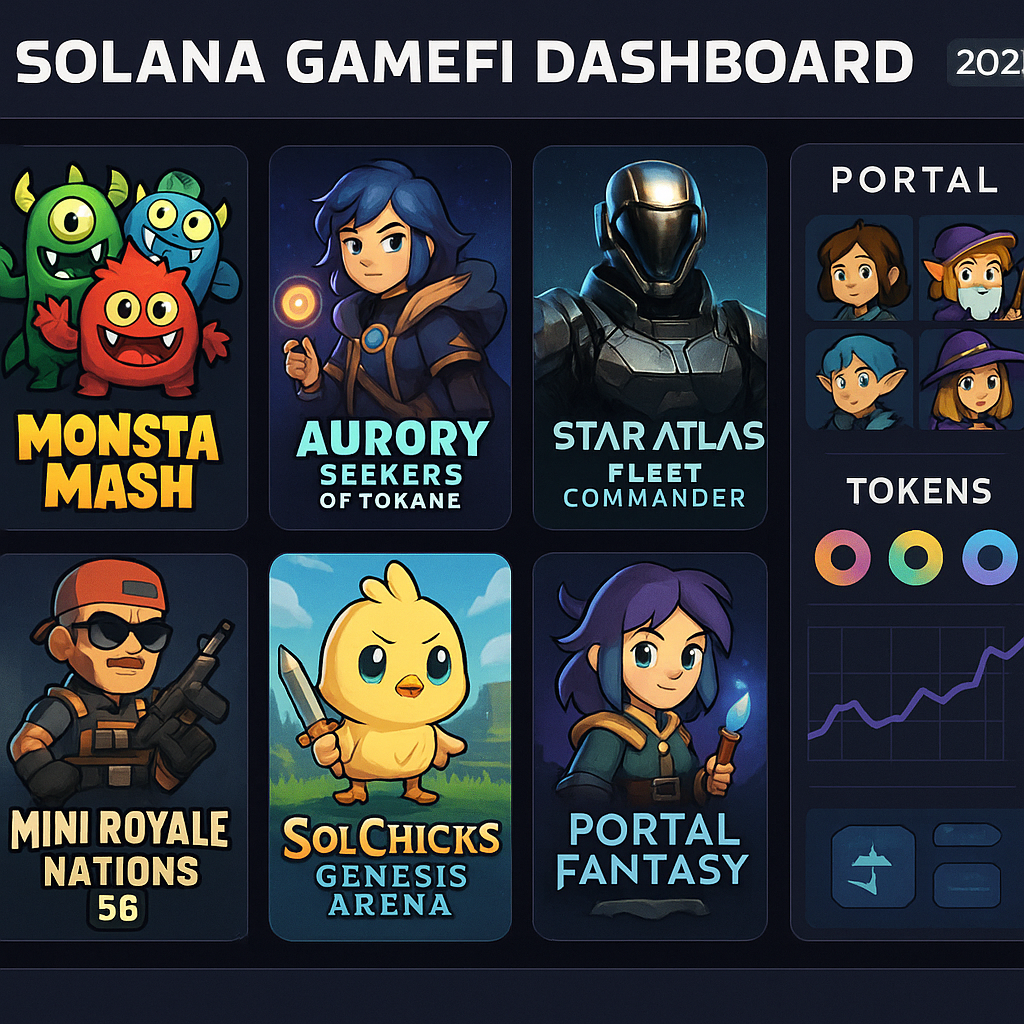 Futuristic Solana GameFi dashboard featuring avatars and tokens from Monsta Mash, Aurory Seekers of Tokane, Star Atlas Fleet Commander, Chain Crisis, Mini Royale Nations Season 6, SolChicks Genesis Arena, and Portal Fantasy