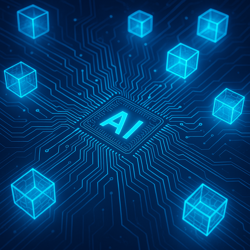 Futuristic AI circuits merging with blockchain nodes illustration