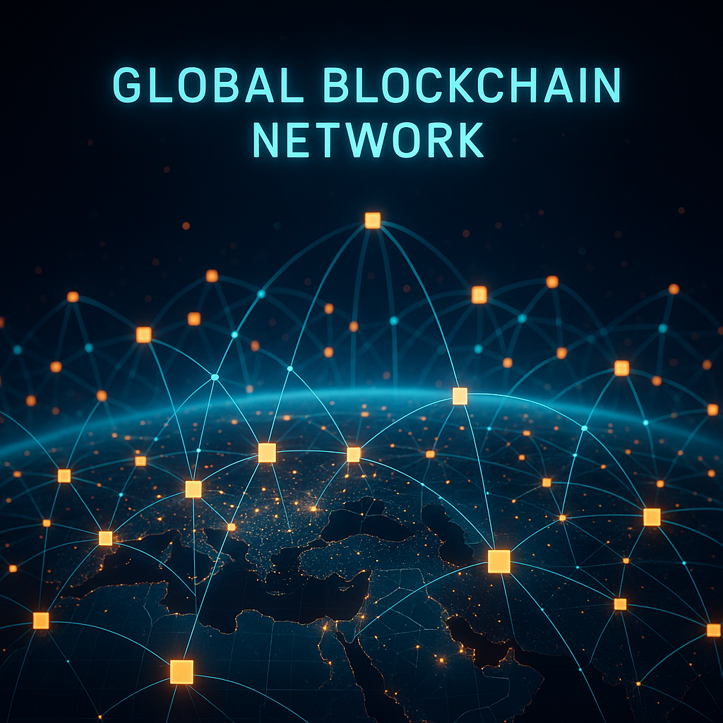Futuristic global blockchain network scaling visualization with glowing connections