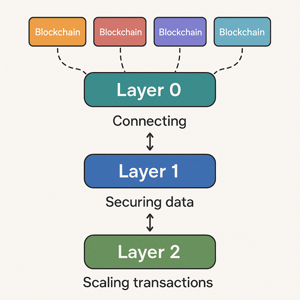 Illustration of blockchain network layers showing Layer 0 connecting multiple blockchains, Layer 1 securing data, and Layer 2 scaling transactions